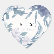 Floral de color azul con fecha de Boda de monogram