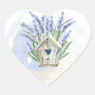 Pegatina En Forma De Corazón Floral de la casa de aves de lavanda azul rústico