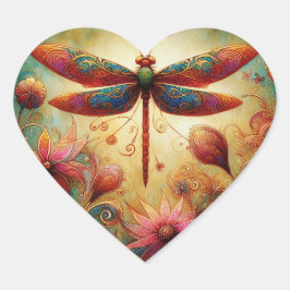 Pegatina En Forma De Corazón Floral de libélula sincera Resumen arte rosa Verde