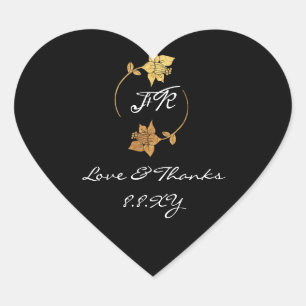 Pegatina En Forma De Corazón Floral dorada monograma blanco negro salva la fech