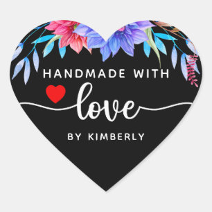 Pegatina En Forma De Corazón Floral hecha a mano con amor negro