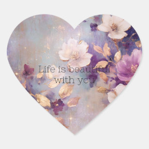 Pegatina En Forma De Corazón Floral púrpura de oro de glam blanco femenino