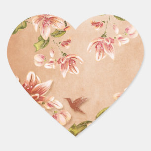 Pegatina En Forma De Corazón Floral rosa azaleas vintage en Whiskey