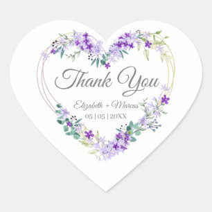 Pegatina En Forma De Corazón Floral Watercolor Heart with Leaves in Purple