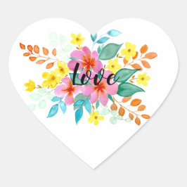 Pegatina En Forma De Corazón Flores acuarelas modernas y alegres