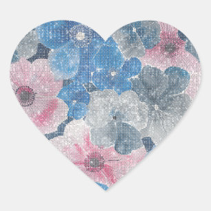Pegatina En Forma De Corazón Flores Azules Rosadas Brillan