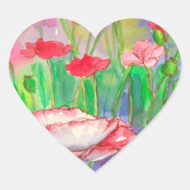 Pegatina En Forma De Corazón Flores de adormidera de color rojo