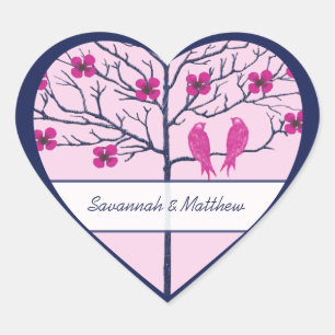 Pegatina En Forma De Corazón Flores de Cerezo Navy & Fuchsia Love Birds