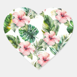 Pegatina En Forma De Corazón Flores de Hibiscus Tropical Rosa