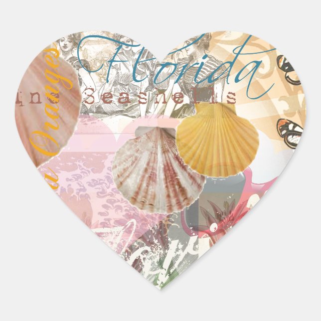 Pegatina En Forma De Corazón Florida Vintage Travel Beach Seashell Shell Art (Anverso)