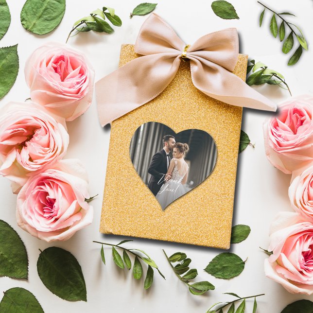 Pegatina En Forma De Corazón Foto boda Gracias (Small 1-1/2" heart-shaped photo sticker.)