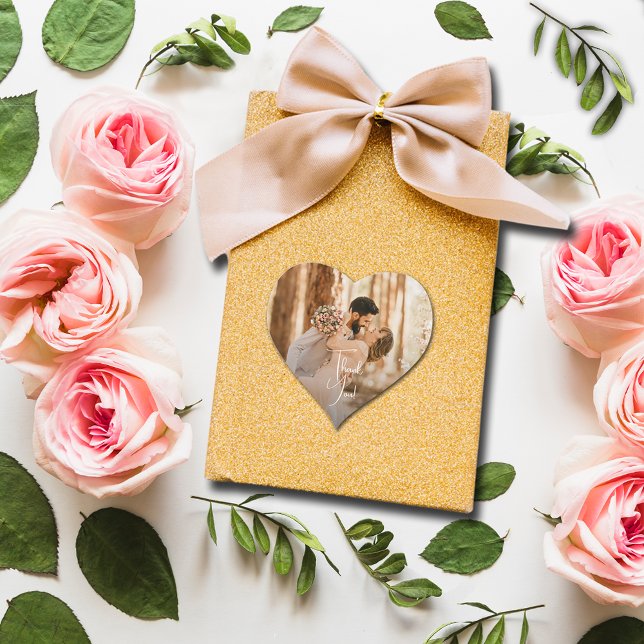 Pegatina En Forma De Corazón Foto boda Gracias (Small 1-1/2" heart-shaped photo sticker.)