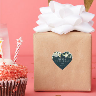 Pegatina En Forma De Corazón Fresa verde + Eucalipto Feliz Navidad/Personalizad