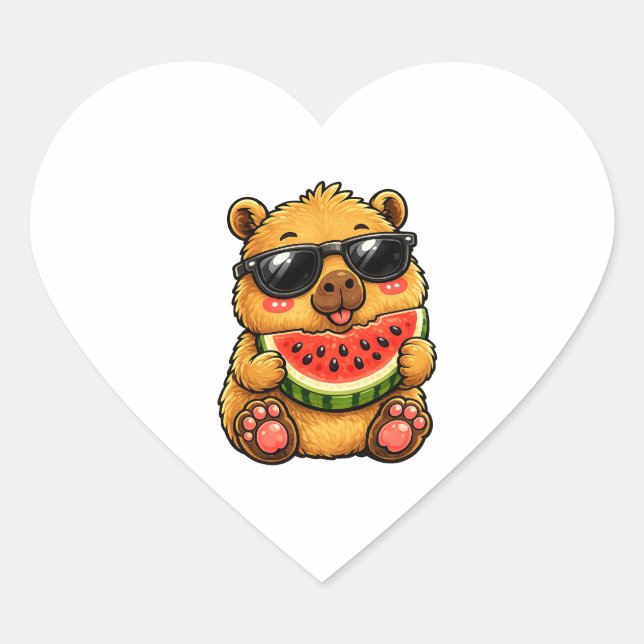 Pegatina En Forma De Corazón Fresco Capybara Sandía Verano (Anverso)