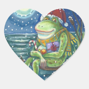 Pegatina En Forma De Corazón FROG SANTA EN LOG, HOLLIDAY CHRISTMAS STICKERS Hrt