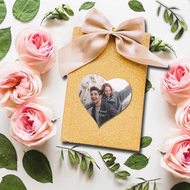 Pegatina En Forma De Corazón Fun Boda Foto Gracias (Small 1-1/2" heart-shaped photo sticker.)