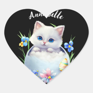 Pegatina En Forma De Corazón Gatito blanco feliz de Pascua con flores