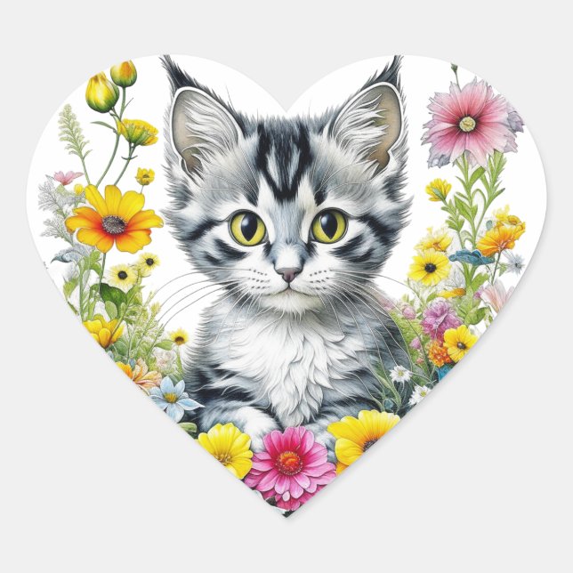 Pegatina En Forma De Corazón Gatito dulce rodeado de flores (Anverso)