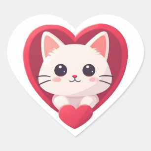 Pegatina En Forma De Corazón Gato Blanco Adorable con Corazón Diseño de Amor Ga
