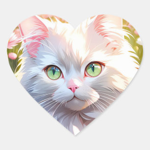 Pegatina En Forma De Corazón Gato blanco en arte de IA en campo de flores