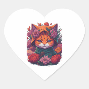 Pegatina En Forma De Corazón gato con flores 2