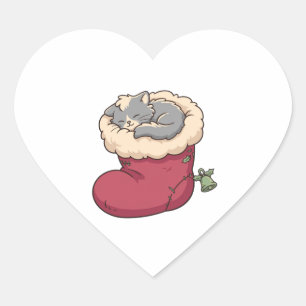 Pegatina En Forma De Corazón Gato Gris Acogedor en Media de Navidad