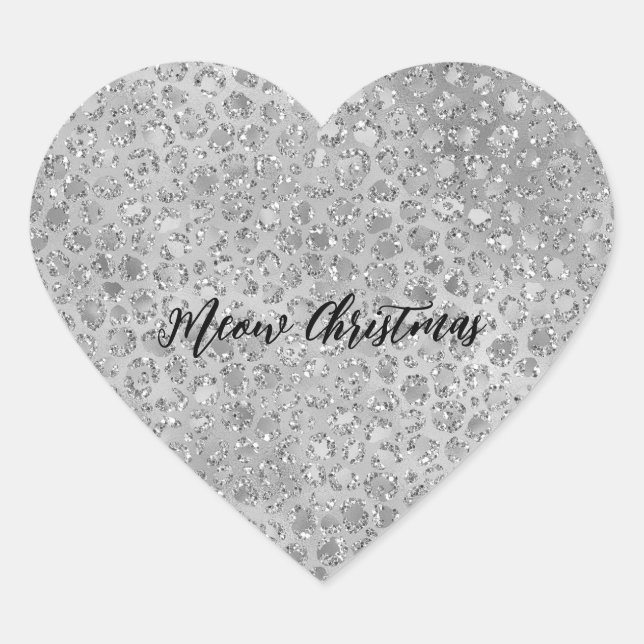 Pegatina En Forma De Corazón Gato Gris Meow Kitty de Leopardo Plateado (Anverso)