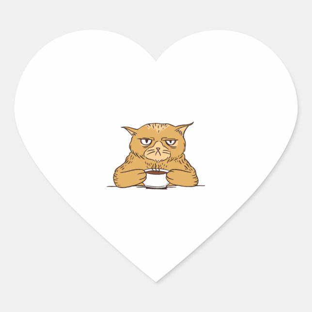 Pegatina En Forma De Corazón Gato Gruñón Con Café (Anverso)