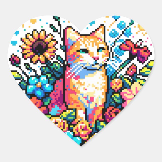 Pegatina En Forma De Corazón Gato naranja en flores arte de piano (Anverso)
