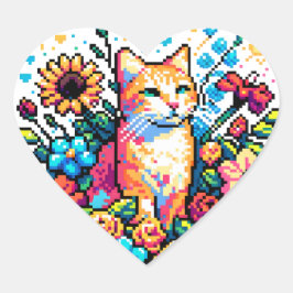 Pegatina En Forma De Corazón Gato naranja en flores arte de piano