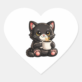 Pegatina En Forma De Corazón Gato Negro Adorable con Café