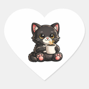 Pegatina En Forma De Corazón Gato Negro Adorable con Café