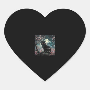 Pegatina En Forma De Corazón Gato negro bajo la luna roja con flores de sakura