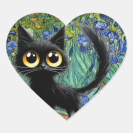 Pegatina En Forma De Corazón Gato negro escurridizo en un campo de iristas mora