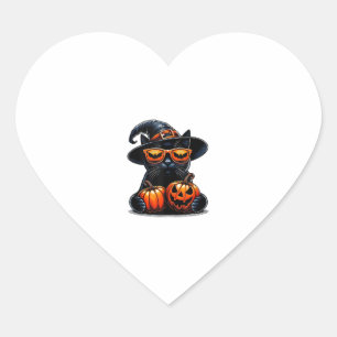 Pegatina En Forma De Corazón Gato negro Halloween sosteniendo la calabaza Gato