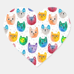 Pegatina En Forma De Corazón Gatos acuarelas y amigos