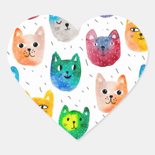Pegatina En Forma De Corazón Gatos acuarelas y amigos