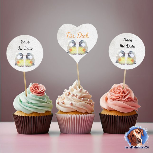 Pegatina En Forma De Corazón Geschenkaufkleber - Kohlmeisen - Aquarell (Kuchendeko Aufkleber für deine Feier mit niedlichen Vogelkücken im Aquarell-Design)