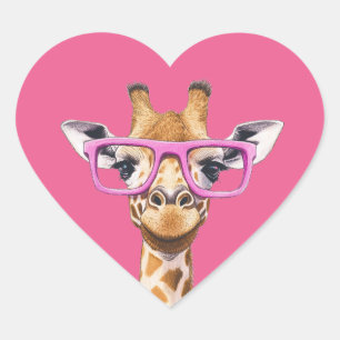 Pegatina En Forma De Corazón Giraffe con fondo rosado de gafas