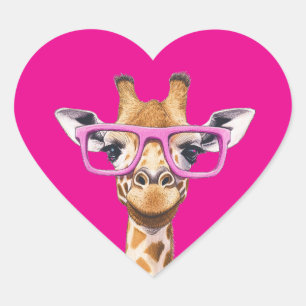 Pegatina En Forma De Corazón Giraffe con lentes rosados fondo rosado oscuro