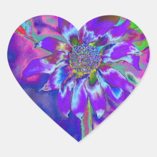 Pegatina En Forma De Corazón Girasol púrpura azul abstracto   funky retro