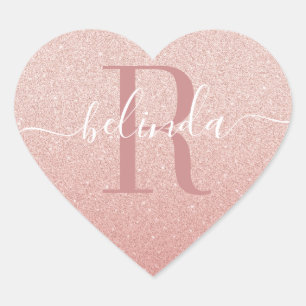 Pegatina En Forma De Corazón Girly Rosa Purpurina de oro Rubor Nombre de monogr