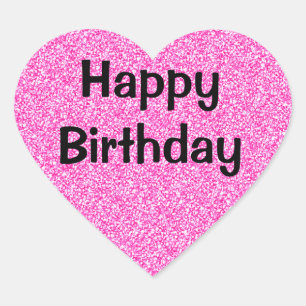 Pegatina En Forma De Corazón Glam Feliz Cumpleaños Negro Brillante Glitter Rosa