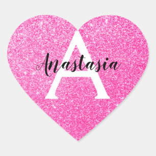 Pegatina En Forma De Corazón Glamour Femenino Rosa Brillante Purpurina Monogram