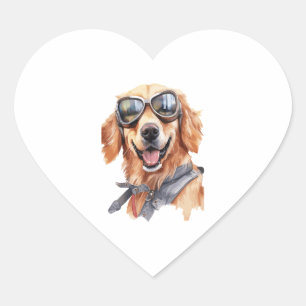 Pegatina En Forma De Corazón Golden Retriever con gafas de sol 1