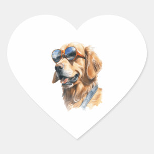 Pegatina En Forma De Corazón Golden Retriever con gafas de sol 2