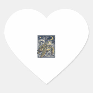 Pegatina En Forma De Corazón Grabado Antiguo Tortuga Marina Noche Estrellada