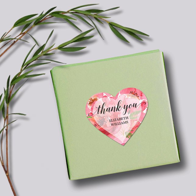Pegatina En Forma De Corazón Gracias Peony Flowers (1-1/2" heart stickers with your name and Thank You on pink and cream peony flowers)