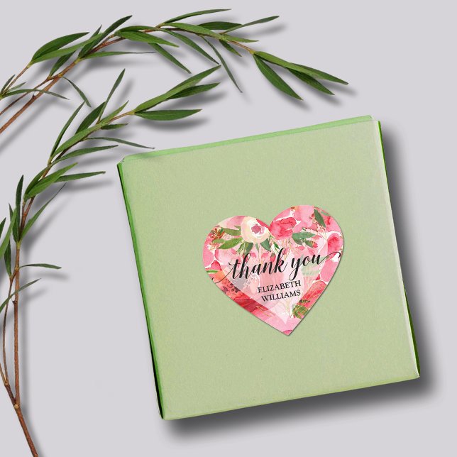 Pegatina En Forma De Corazón Gracias Peony Flowers (1-1/2" heart stickers with your name and Thank You on pink and cream peony flowers)
