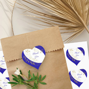 Pegatina En Forma De Corazón Gracias Royal Blue y Arte de Línea Floral Dorada